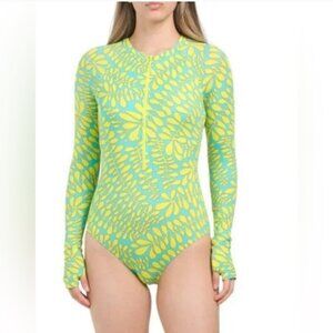 NEW Trina Turk One Piece Swimsuit Trellis Paddle Long Sleeves Thumbholes Green